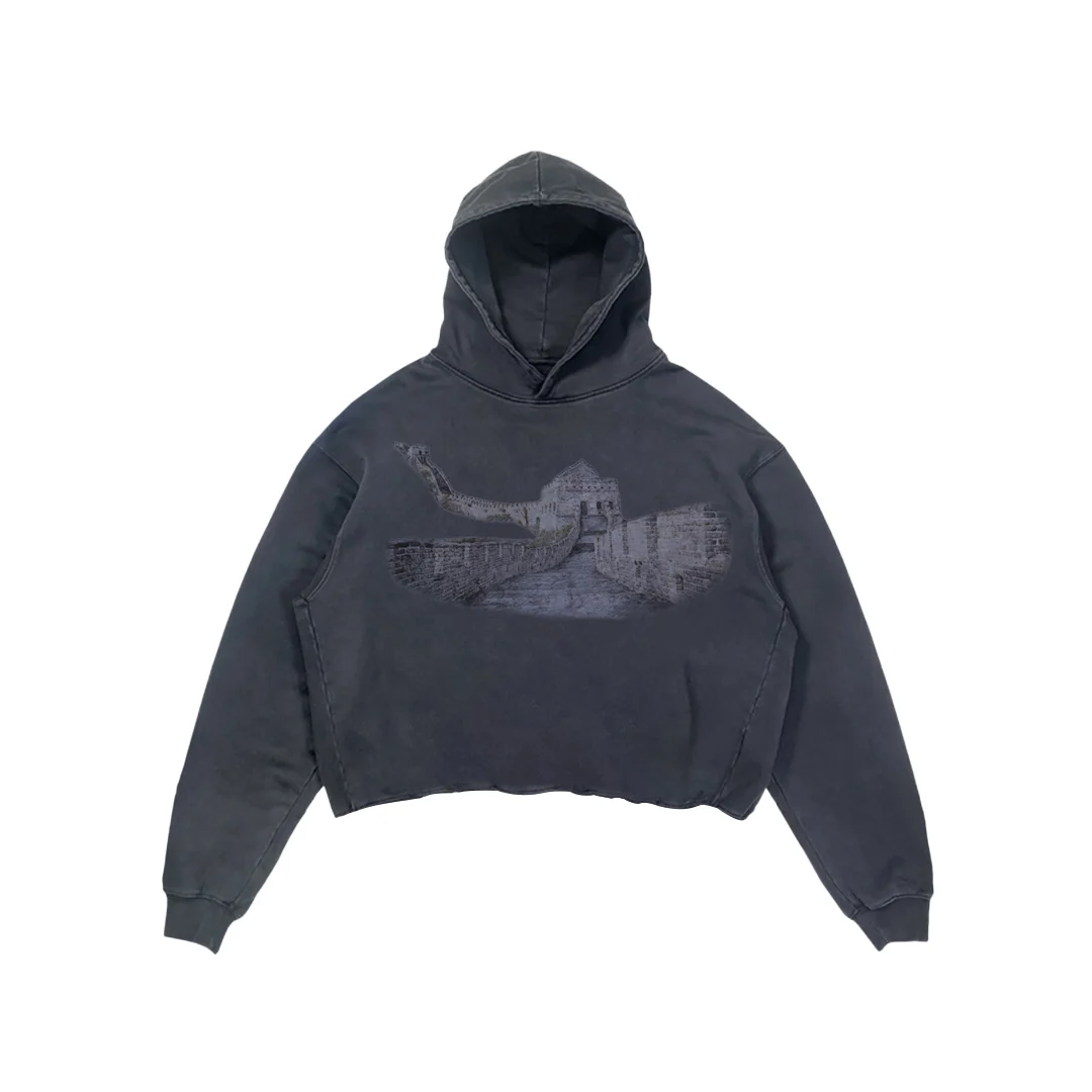 Custom Design Vintage Acid Wash Graphic Print Hoodie Terry Heavyweight Cotton Pullover Oversized Cropped Distressed Hoodies Men