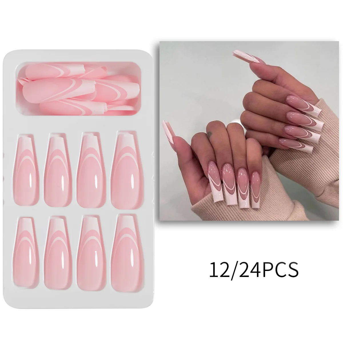 24 Pcs White French Nails Super long Ballerina Pink Waterproof Press on Nails ABS Acrylic Artificial Nails for Women