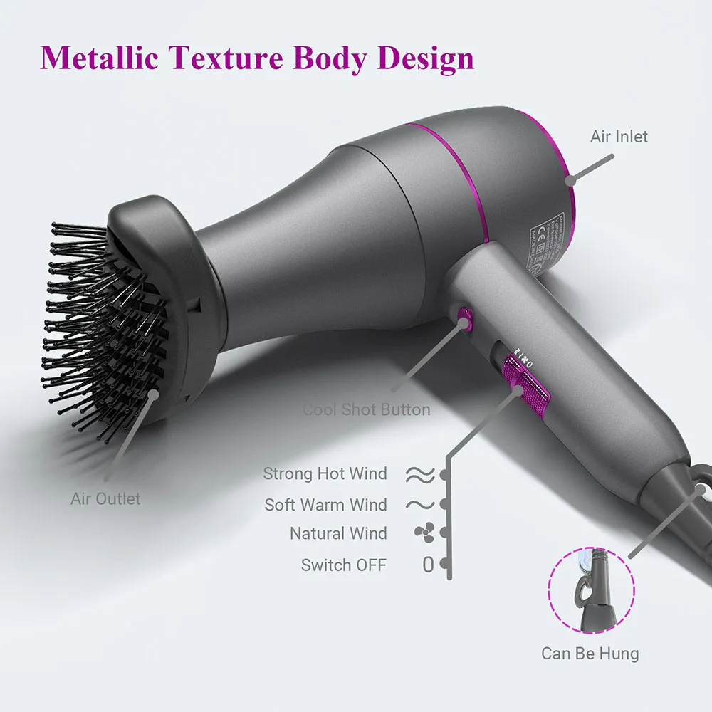 High-power 1800W Hair dryers, with Comb & Volumizer Brush & Styling Nozzle Professional Blow dryers for 4c Curly Hair/