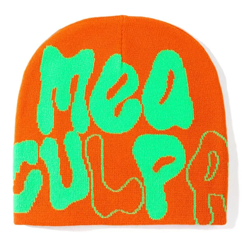 Wholesale Winter Custom Pink Puff Print Jacquard Skully Unisex Winter Knitted Hats Crochet mea culpa beanieS