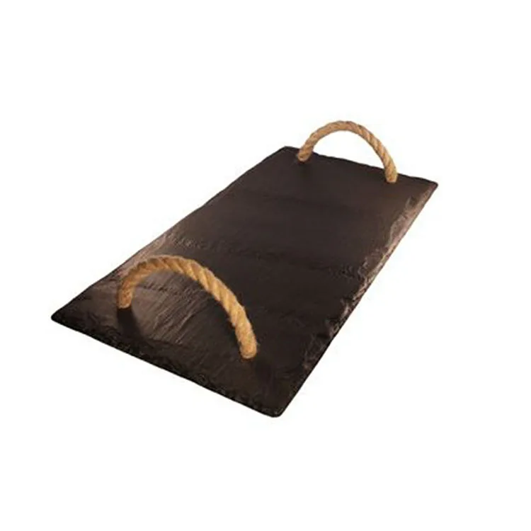 Custom Design Logo Engraving Portable Slate Food Serving Tray with Rope Handle