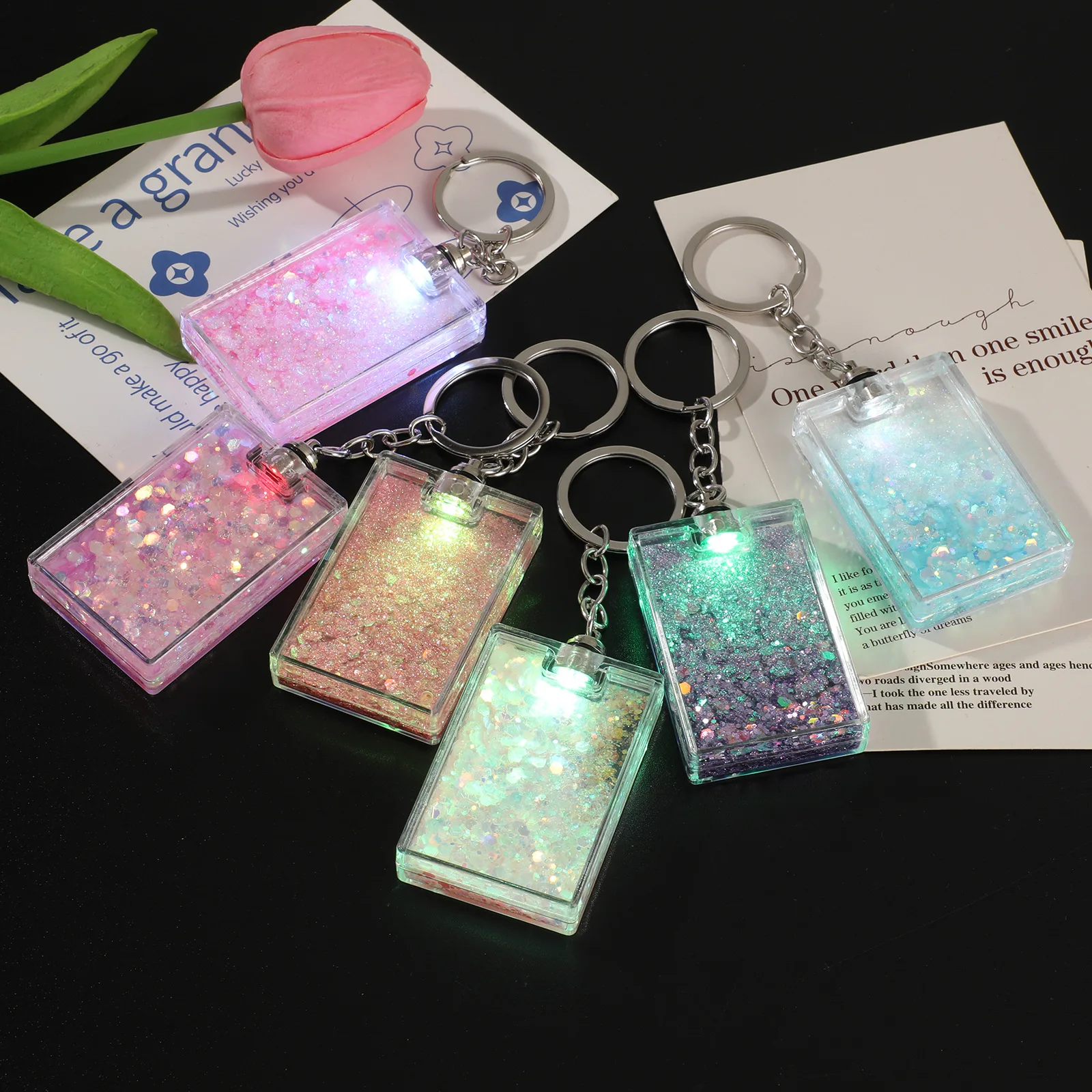 Hot Selling Custom LOGO DIY Sticker LED Shiny Light Multicolor Quicksand Glitter Acrylic Liquid Keychain