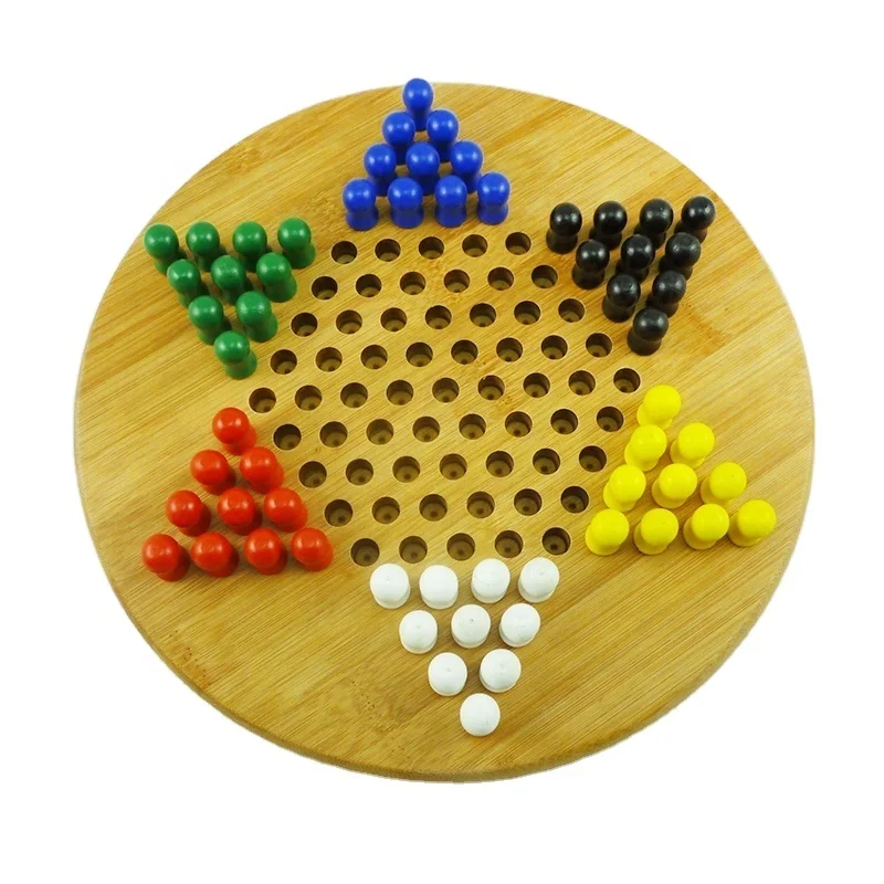 Wholesale wooden hexagonal International colorful piece jumping chess kid puzzle board game set