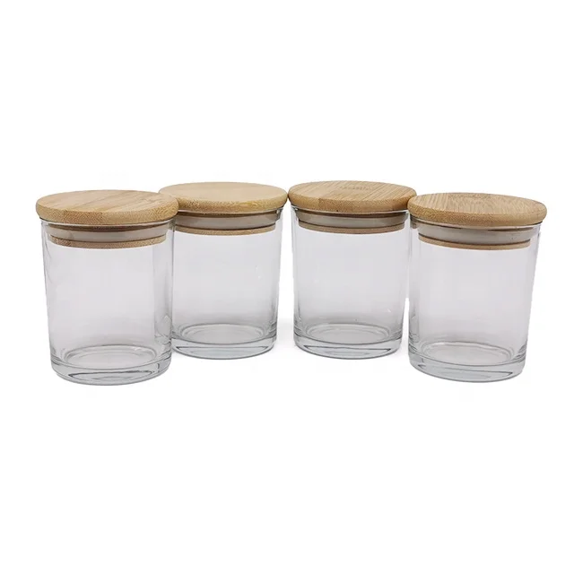 LKA03T Wholesale Empty Clear Cylinder Round Glass Cups Transparent  Candle  Jar With Wood Lid