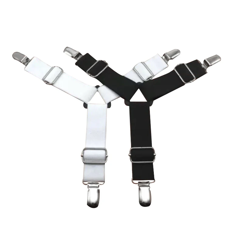 Solid White and Black Blue Bed Sheet Suspenders with Metal Clips and Adjusters
