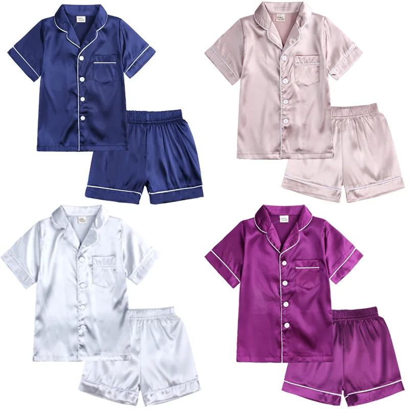 Custom Classic Summer Kids Silk Satin Pajamas Set 2pcs Short Sleeve Lounge Wear Sleepwear Kids Silk Pyjamas Set for Girls Boys