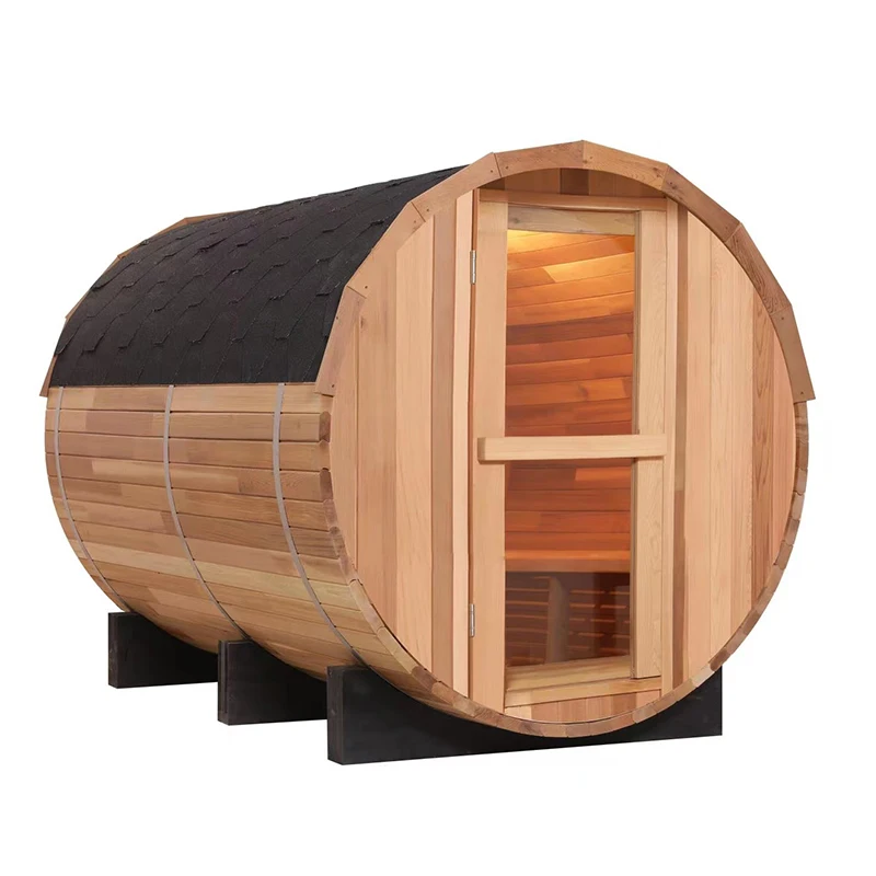 Custom Size Traditional 6KW Harvia Stove Red Cedar Outdoor Barrel Sauna Room with Tempered Glass Door