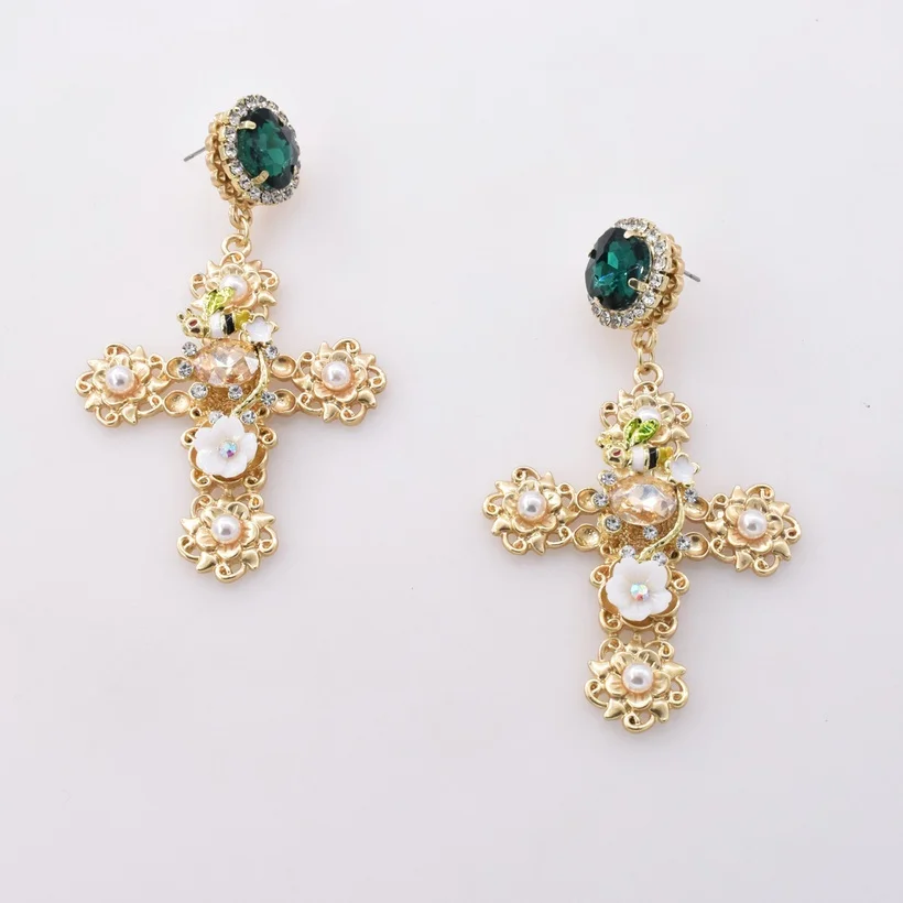 Stylish Temperament Elegant Personalized Retro Cross White Porcelain Flower Metal Earrings Jewelry Wholesale