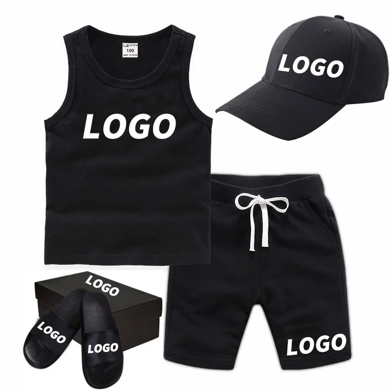 Custom Logo Children Clothing Set Kids Boys Summer Sports Casual Short Sleeve Clothing Sets Solid Color Girls T-shirt Set
