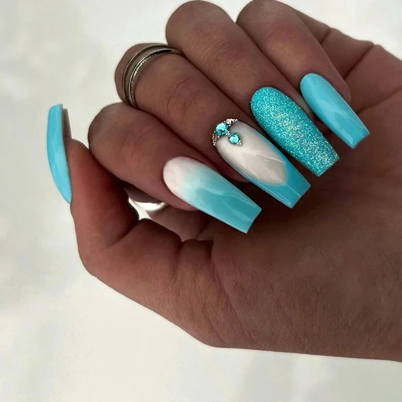 French Tip Press on Nails Medium Length Square False Nails with Silver Glitter Line Designs Glossy Coffin Nails Full Cover