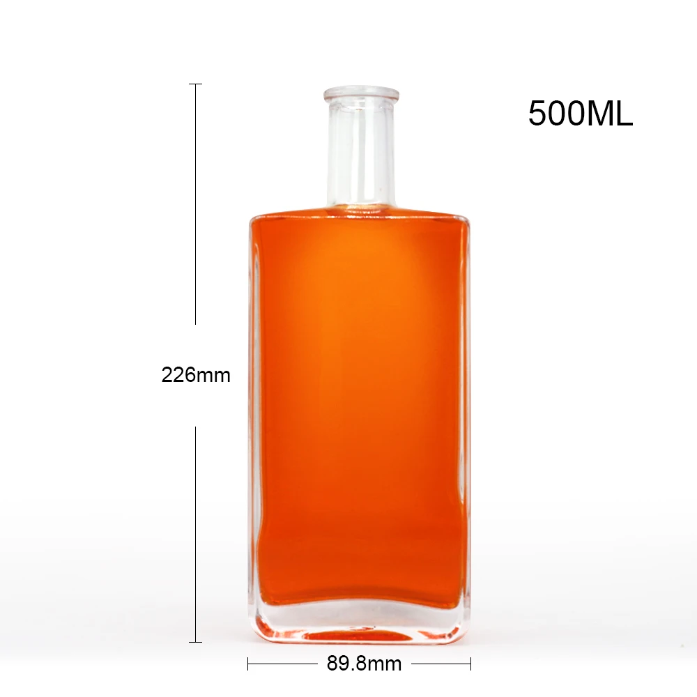 Hot Sale 16oz Flat Square Glass Liquor Bottle 500ml 50cl Super Flint Spirits Rum Whiskey Gin Tequila Bottle With Cork Cap Top