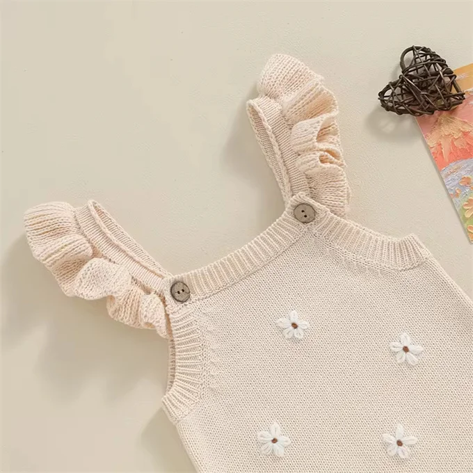 1Pcs Private Label RTS Newborn Infant Toddler Clothes Cap Sleeve Cotton Knitted Baby Girls Knit Romper