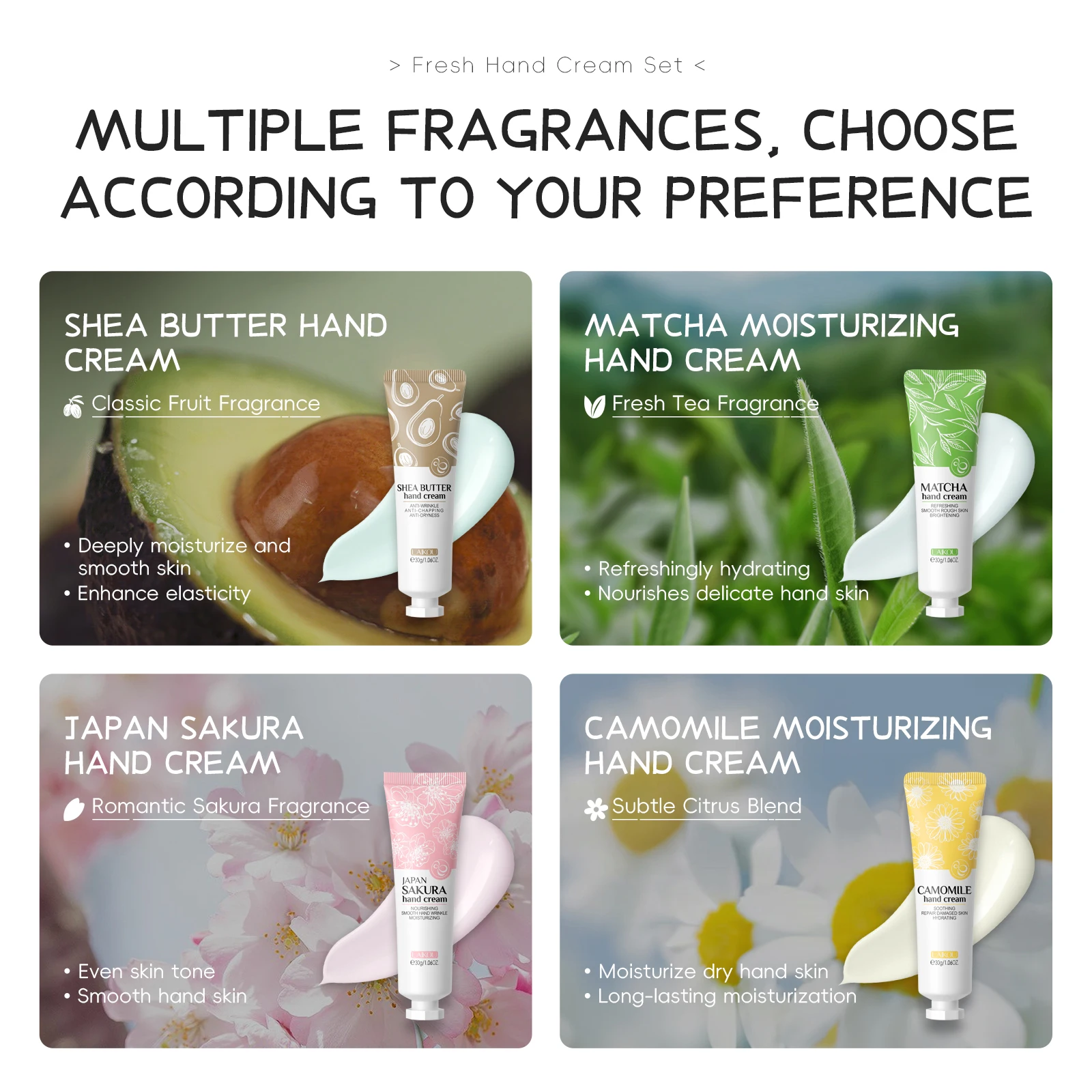 LAIKOU 4PCS Fresh Hand Cream Gift Set Vegan Shea Butter Matcha Camomile Japan Sakura Hand Cream