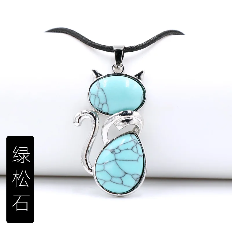 Natural Stone Pendant Cat Healing Crystal Necklace Animal Energy Chakra Amulet Handmade Jewelry For Women Girls