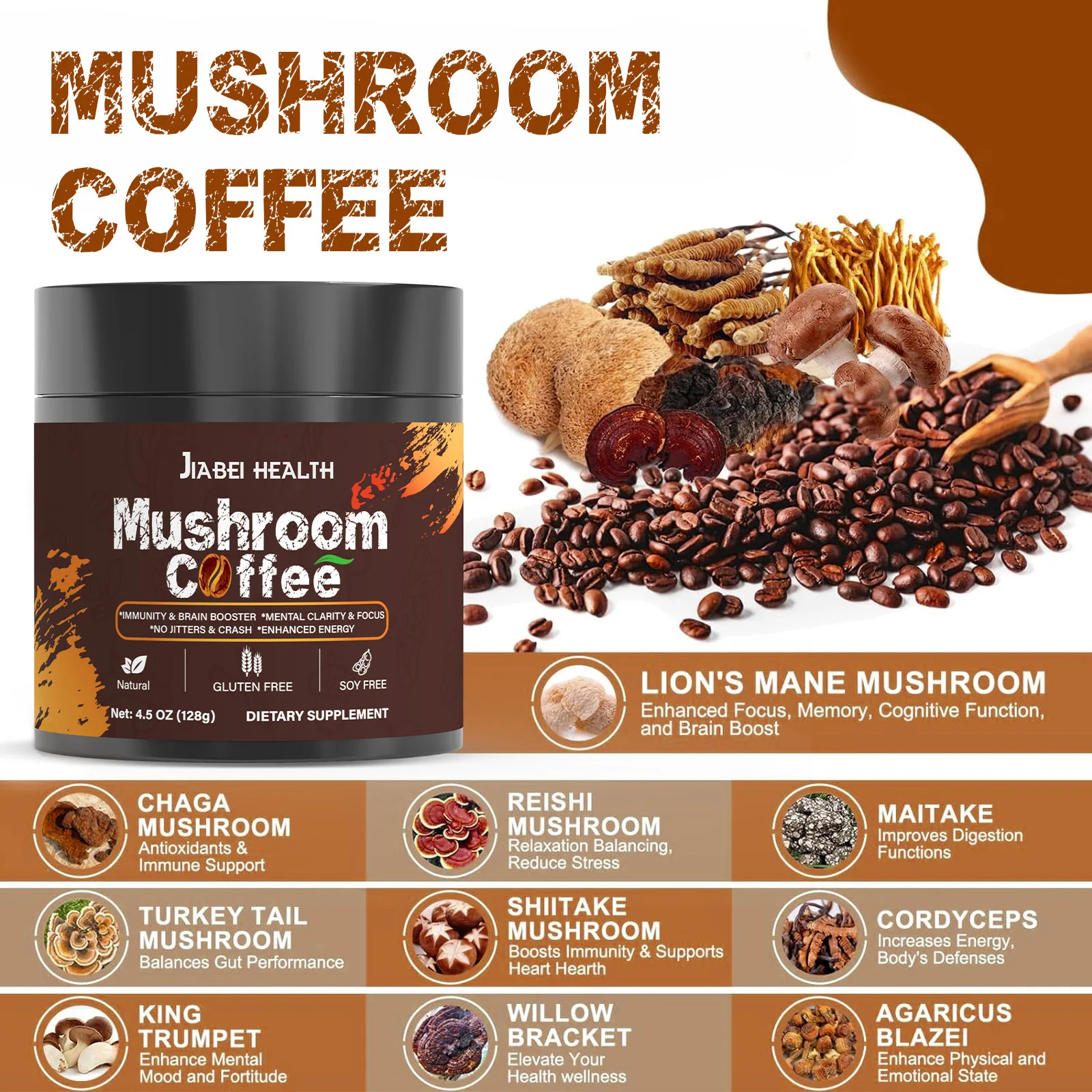 Private Label Organic Instant Organic Mushrooms Blend Coffee Powder Reishi Mushrooms Coffee