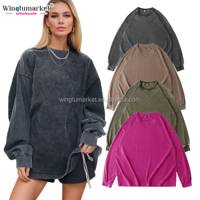 Wholesale oversized plus size t shirt cotton distressed blank loose pullover vintage acid wash crewneck sweatshirt for women