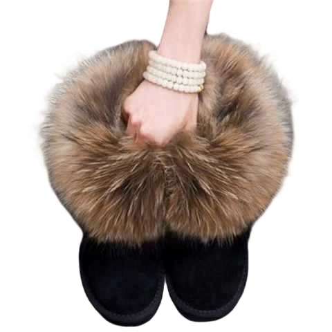 Fashion Womens Winter Raccoon Fluffy Fur Boots Casual Flat Ladies Footwear Plush Snow Boots