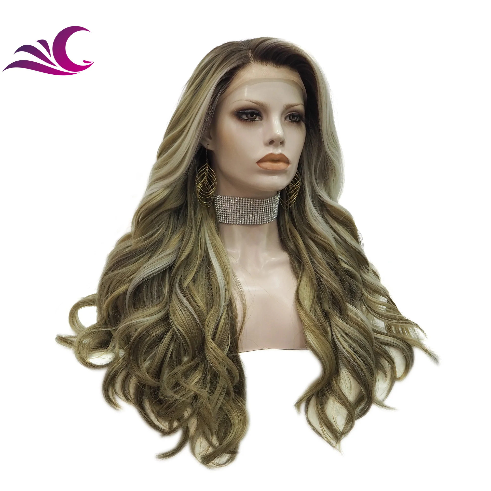 Celebrity Blond Highlight Pre Plucked Natural Hairline Lace Front Wigs Heat Resistant Fiber Lace Wig Synthetic for White Women