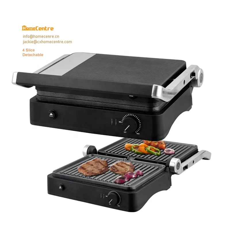 4 slice Indoor Electric Panini Press grill with 180 degree open nonstick coating plate and adjustable temperature control knob