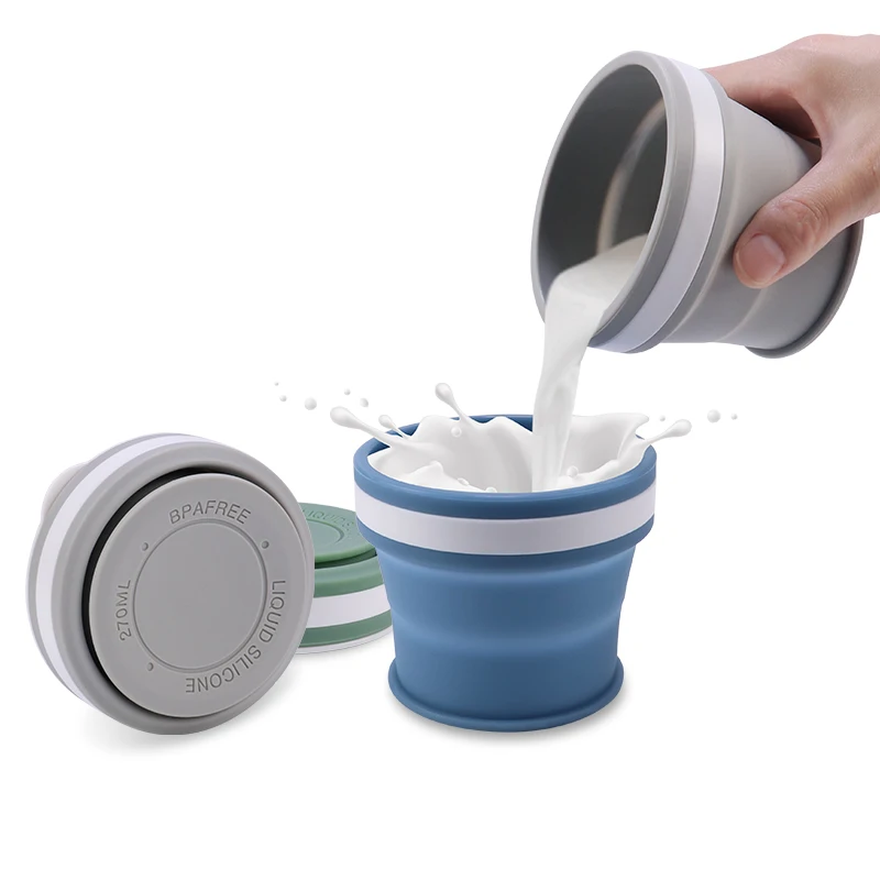 9oz 270 ML Collapsible Reusable Plastic Retractable Drinking Cup Silicone Folding Coffee Travel Mug Cup Silicone Mugs with Lid