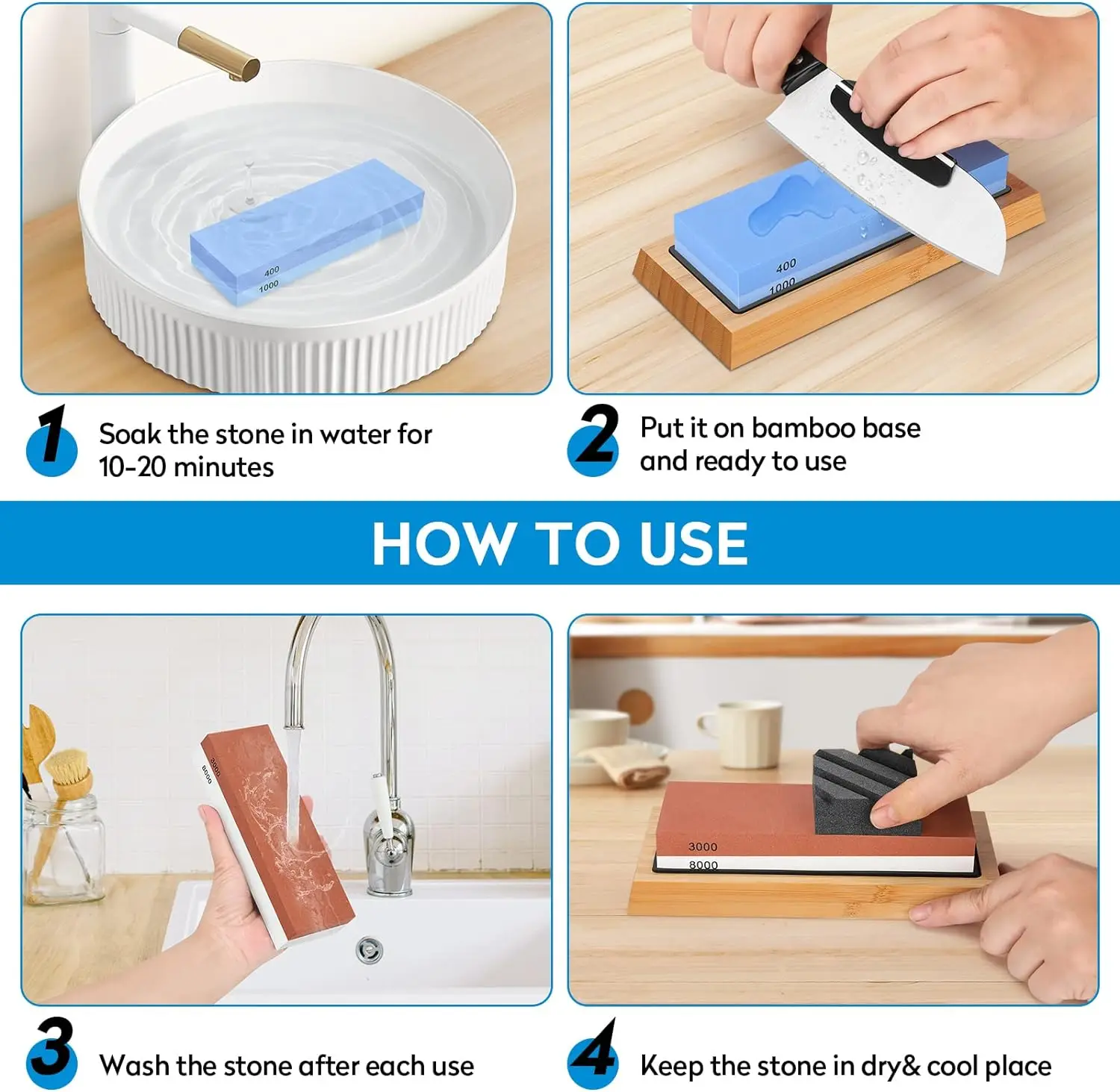 Whetstone Knife Sharpening Stone 4 Side Grit 400/1000 3000/8000, Professional Whetstone Knife Sharpener