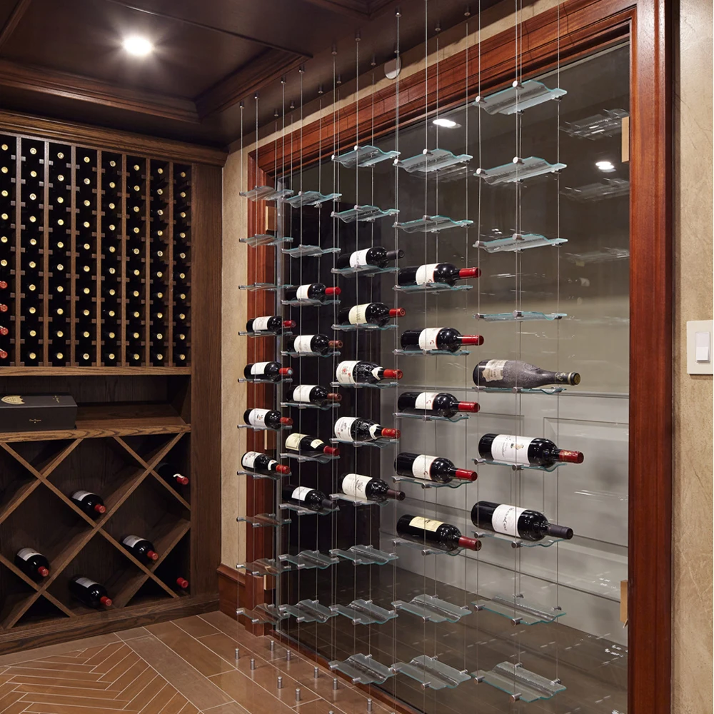 Floating cable wine rack with clear glass cradles and silver clips wine bottle rack hanging display wine rack wall mounted