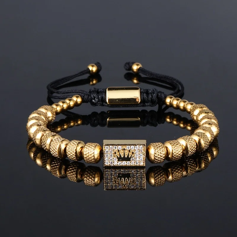Stainless Steel Pineapple Beads Charm Bracelet Cubic Zirconia Micro Pave Brass Crown Adjustable bracelet crown