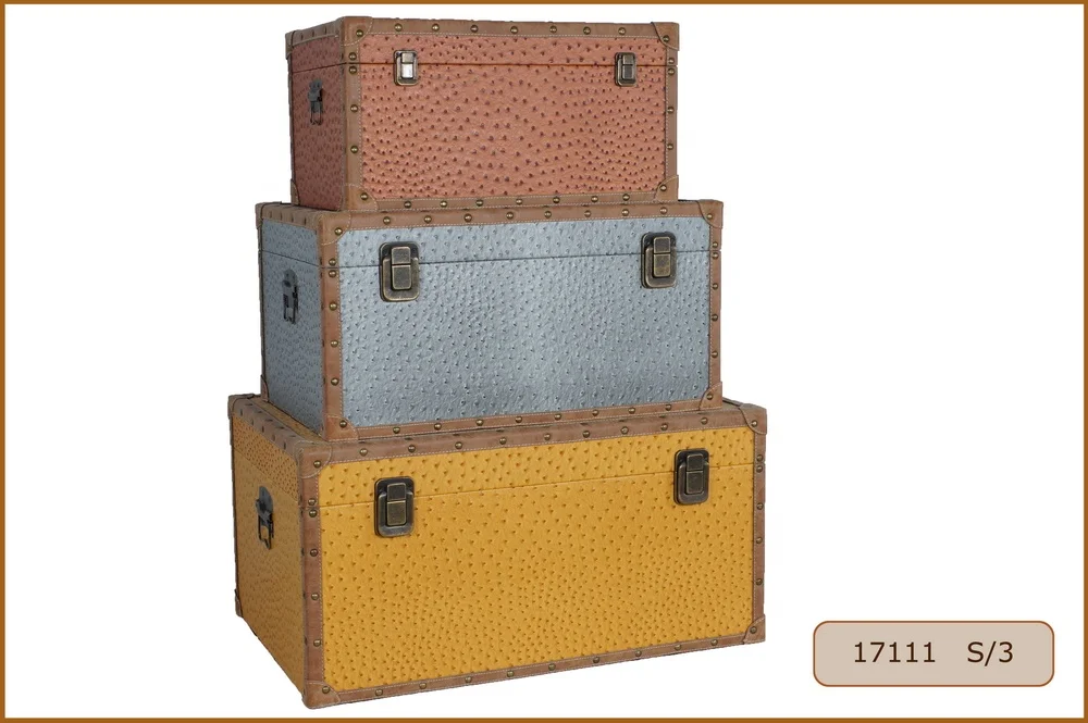Vintage Wooden Trunks Storage Chests Boxes Sets with PU Leather Surface for Home Decoration