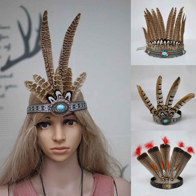 Indian Styl Handmade Custom Chief Pheasant Hat Headband Carnival Halloween Party Performance Wedding Props Pheasant Feathers