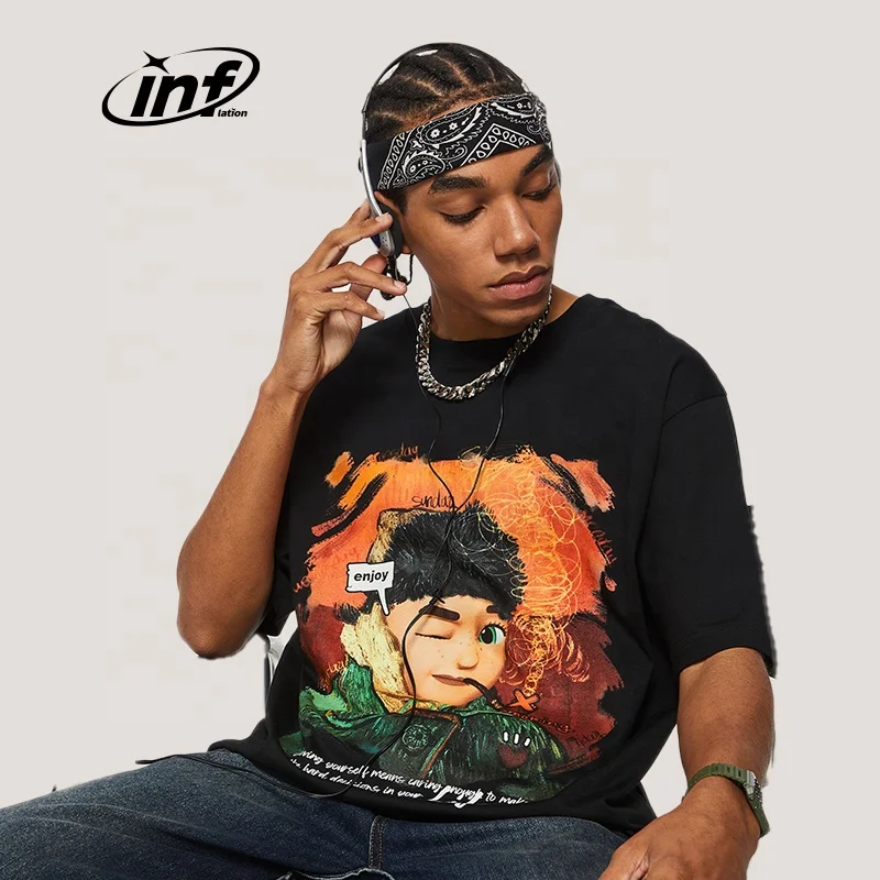 INFLATION 220GSM Screen Printed tshirt  V-G Oil Paint Oversize Black Men Unisex White Wholesale T-shirt