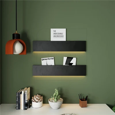 Modern wrought iron rack industrial minimalist style with lamp wall hanging books, newspapers and magazines storage rack bedroom