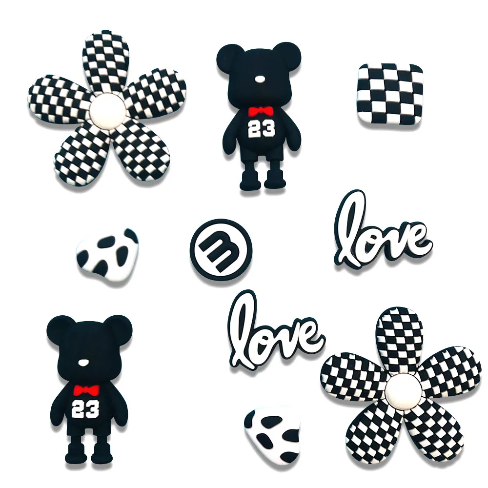 Wholesale sales black and white plaid cute bear PVC shoe buckle, garden shoes, sports shoes accessories