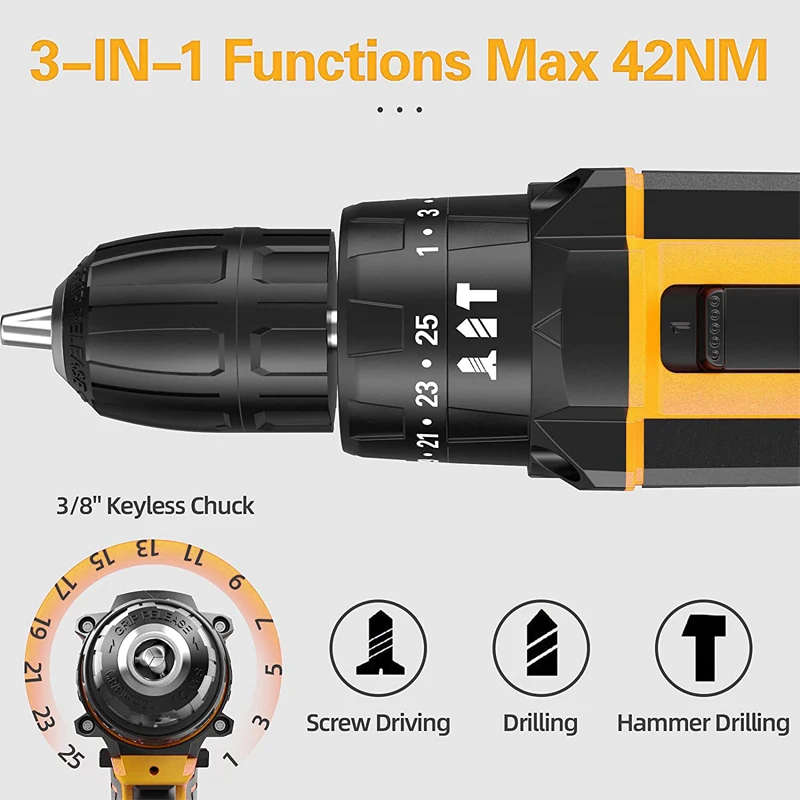 59pc 21V 2000mAh Cordless Power Drill Driver - 1500RPM 42Nm Torque. Includes Full Bit Set and 2 Batteries for DIY