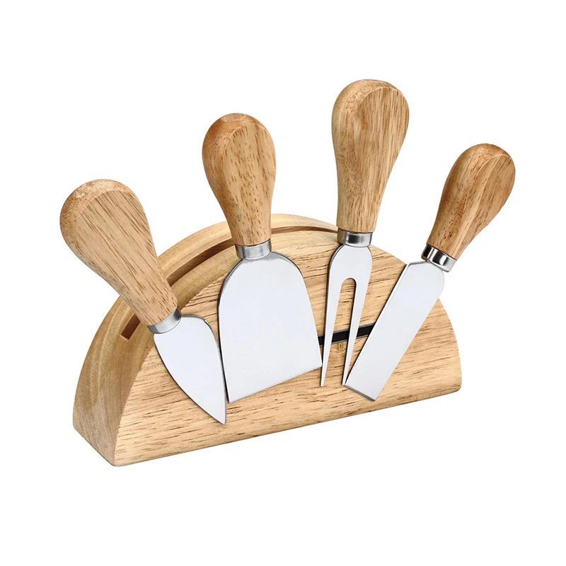 Stainless Steel Cheese Knife with Holder 4pcs Wooden Cheese Board Set