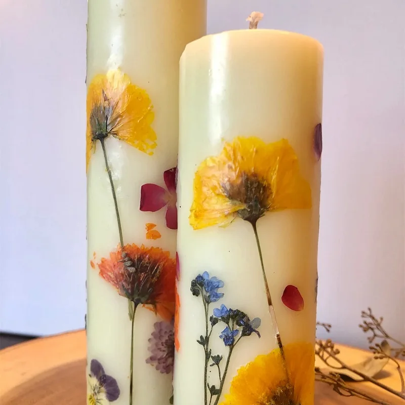 Huaming Luxury Romantic Pink Purple Flower Organic Wax Pillar Candle Set Wedding Long Burning Mixed Size Pillar Candles Scented