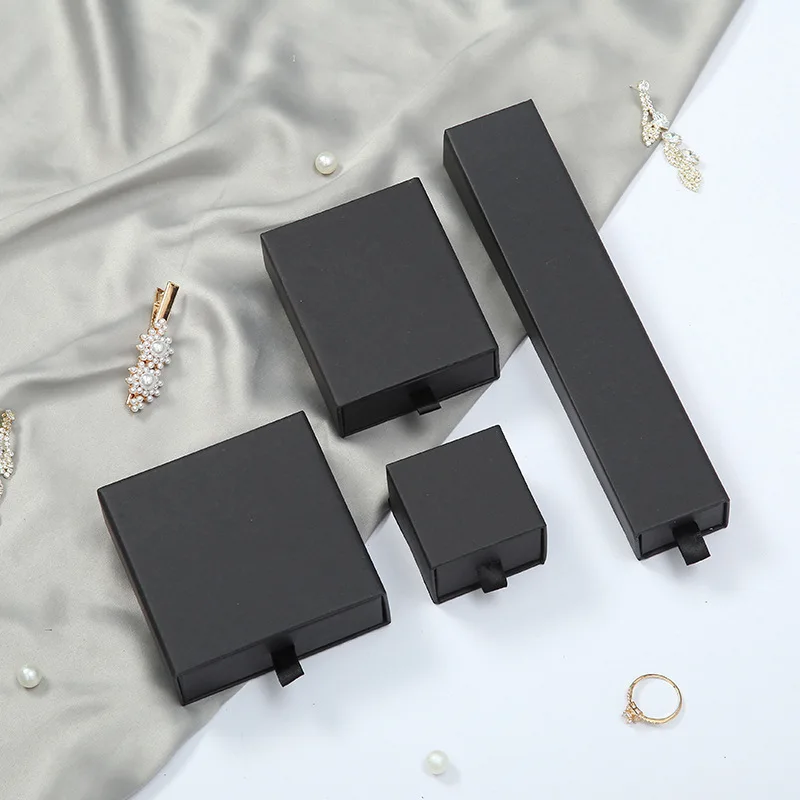 Custom Logo Cardboard Jewelry Gift Bag Necklace Drawing Box Package Black Drawer Paper Box With Foam For Jewellery Packaging Box