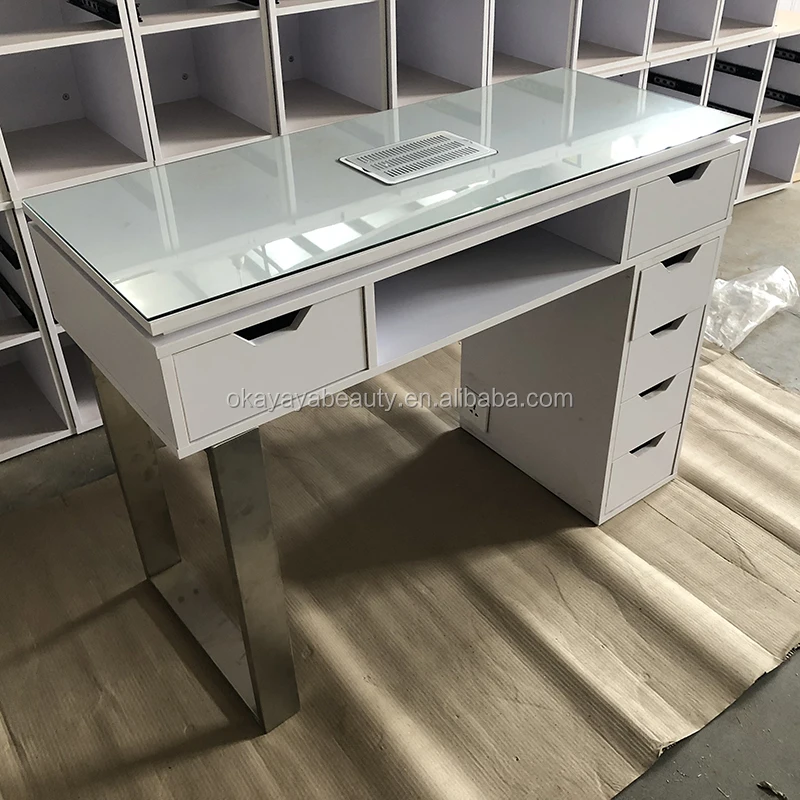 Beauty nail salon furniture modern manicure table nail bar desk glass top nail table with vent for sale