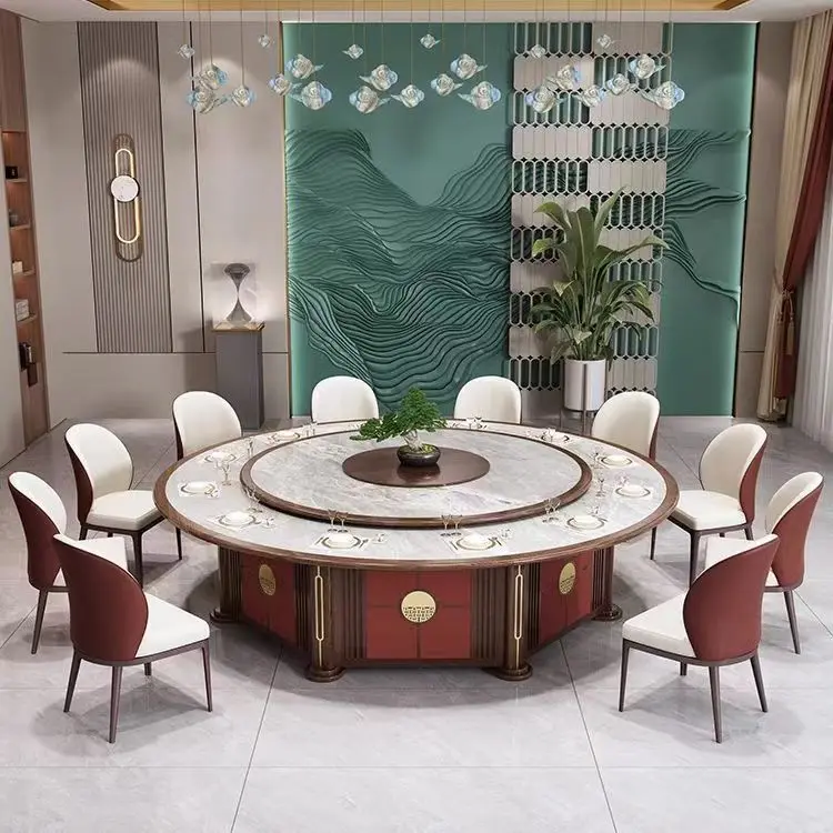 Hotel dining table electric large round table clubhouse marble 20 people rock slab invisible automatic hot pot table box