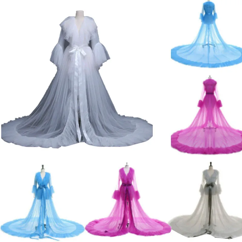 China Sheer Mesh Tulle Perspective V neck layered Ruffles Maxi Floor Long Bath Robe  Sleepwear Dresses