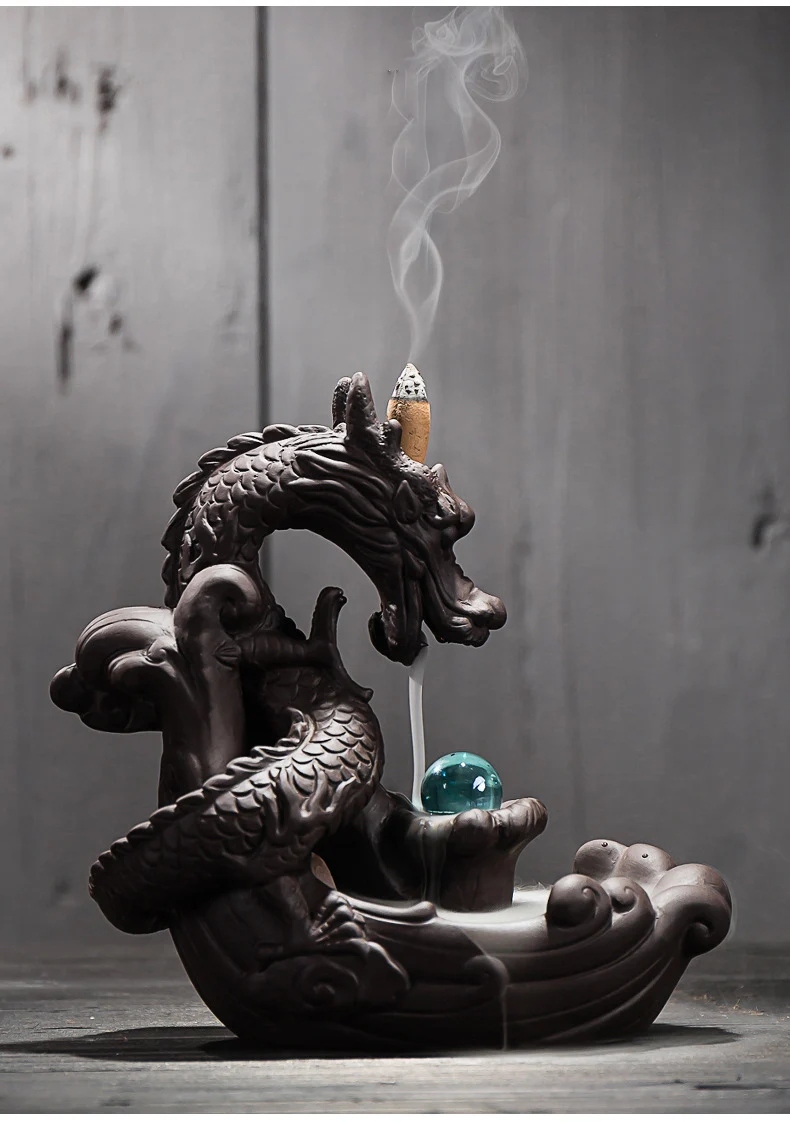 Best Seller Chinese Dragon Incense Holder Ceramic Backflow Oud Incense Burner Waterfall with Led