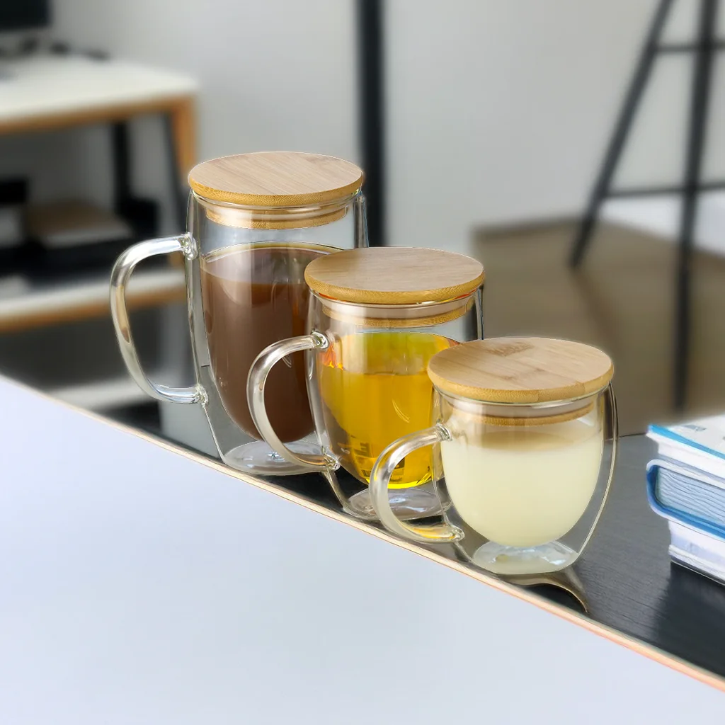Handblown Elegant Reusable High Borosilicate Double Wall Glass Coffee Cup with Handle And Bamboo Wooden Lid For Drinking Mug
