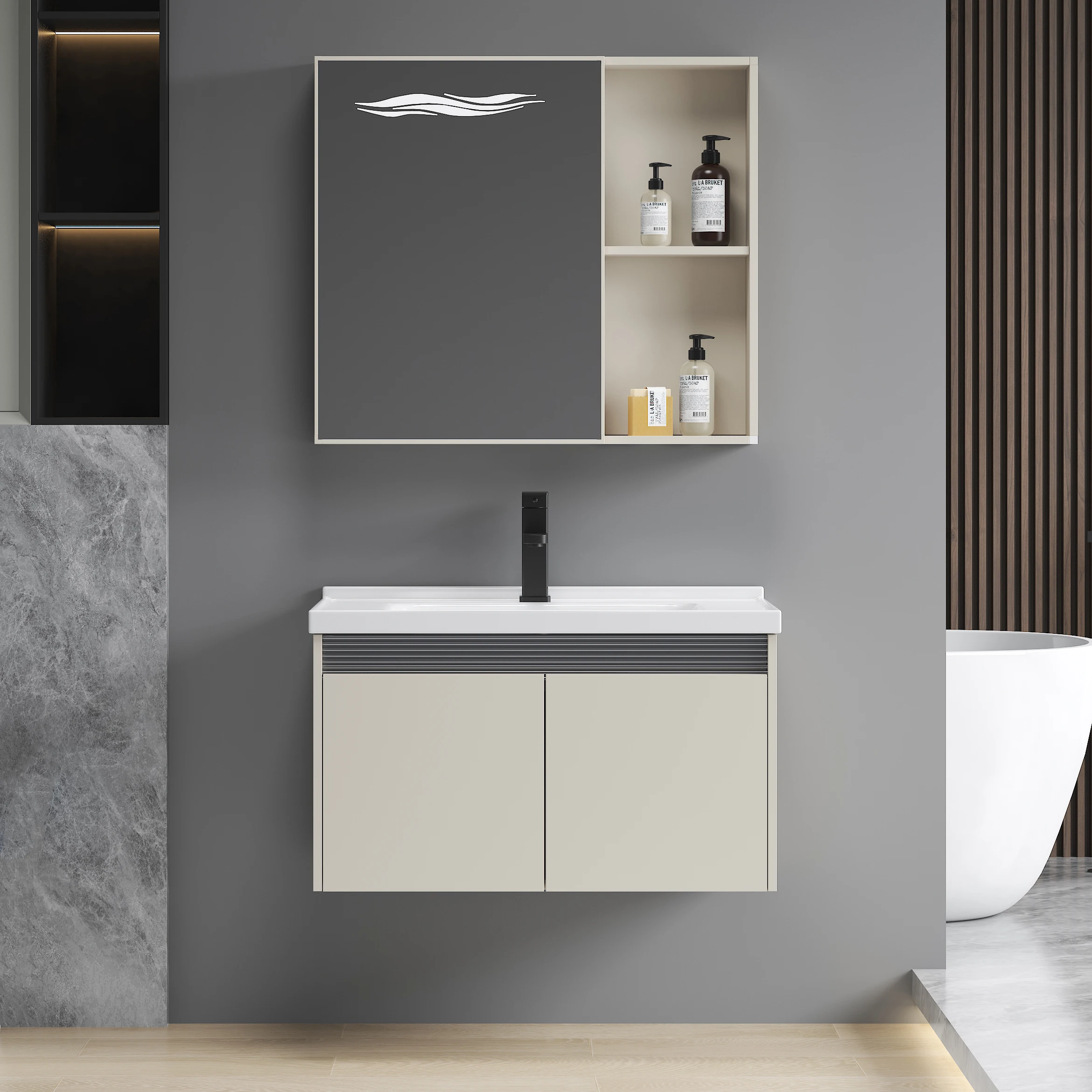 New Modern Furniture Wall Mounted Bathroom Storage Cabinet Aluminum Bathroom Vanity for Hotel