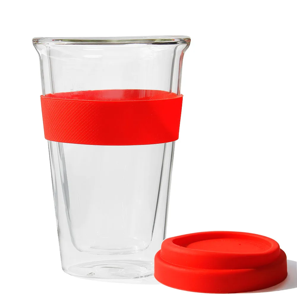 Double Wall Glass Coffee Cup Tumbler with Silicone Lid Insulated Travel Coffee Mug for Coffee Tea Hot & Cold drinks