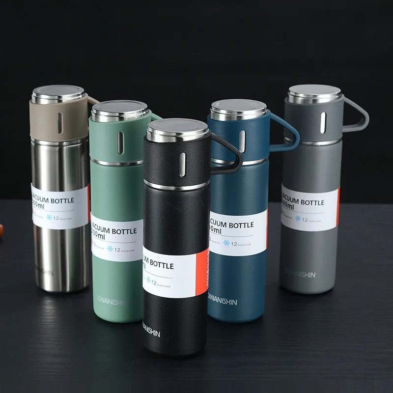 High Quality Business Travel Custom Logo 304 Stainless Steel Vacuum Flasks Thermos Set With One Cup Two Lid Coffee Mug Gift Box