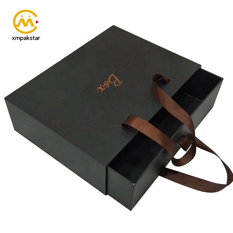 Custom luxury black rigid paper clothes product packaging shoe gift slide open drawer box with handle