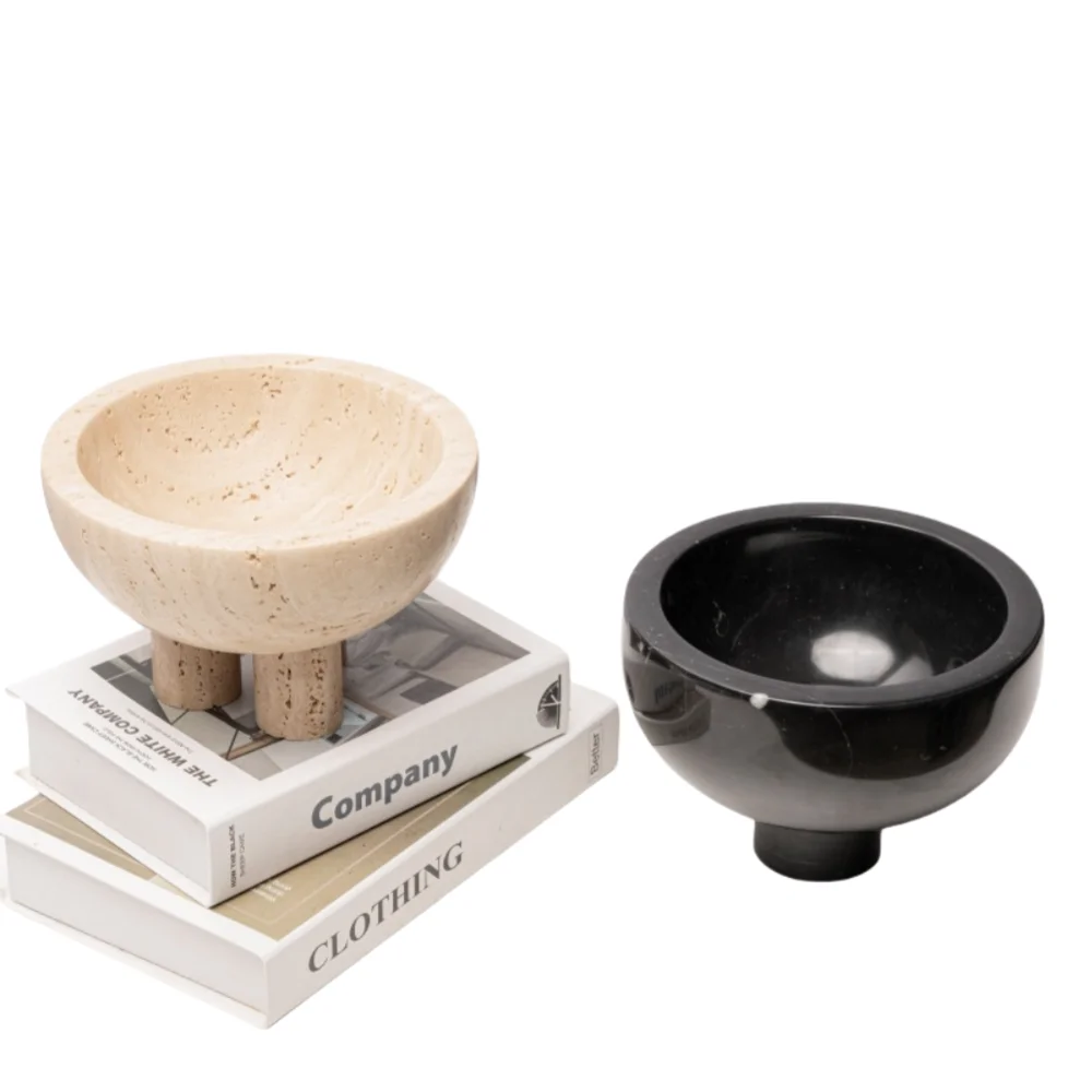 NANWEI Home Decor Black Marble High Foot Fruit Basin Storage Tray with Three Legs