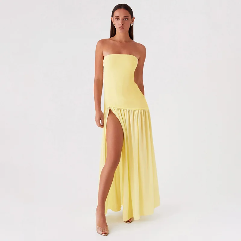 King Mcgreen star New women fashion trend retro strapless sleeveless slit solid color dress