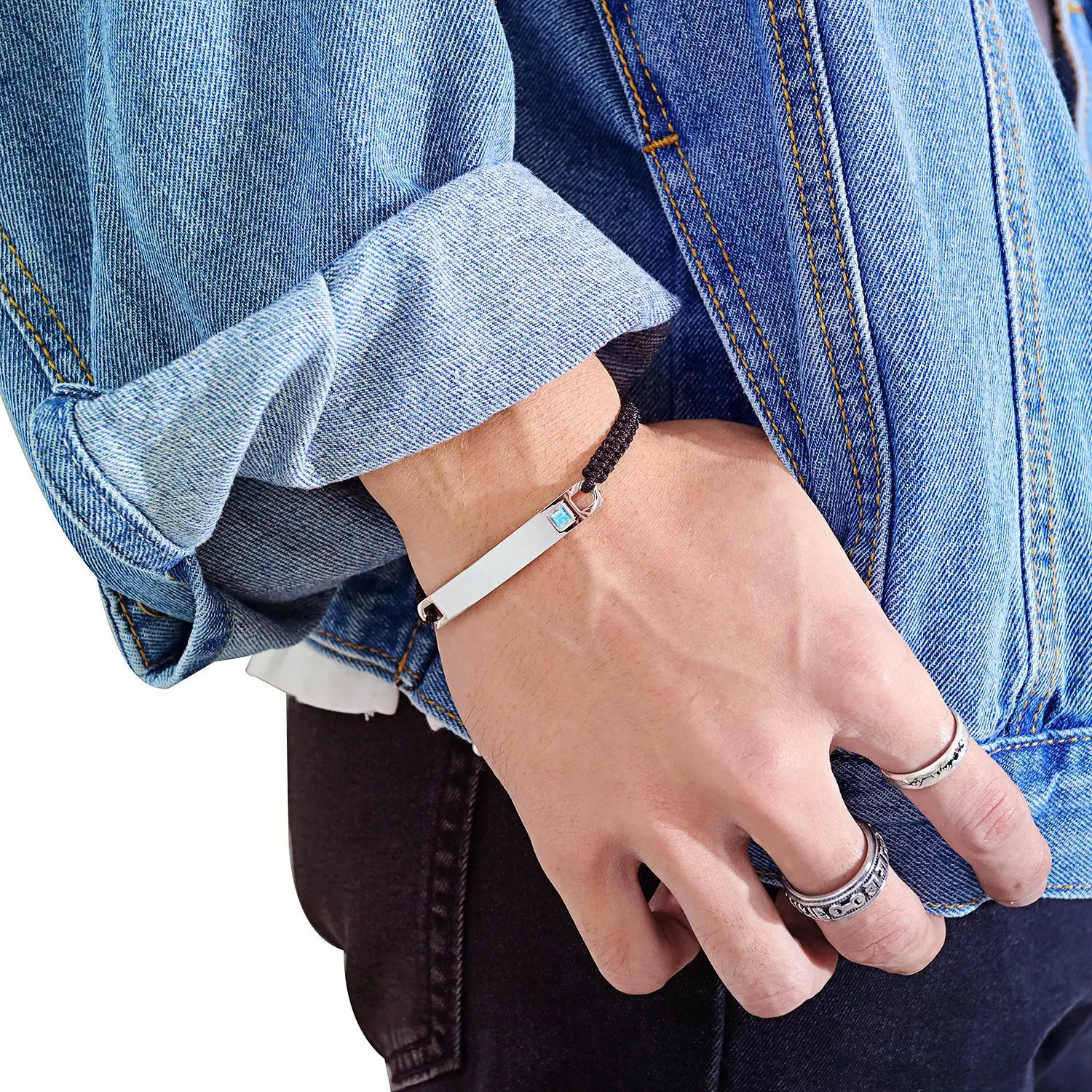 Adjustable Rope European Bar Charm Mirror Polished Bracelet Engraved Logo Simple Cord Bracelet For Women And Men