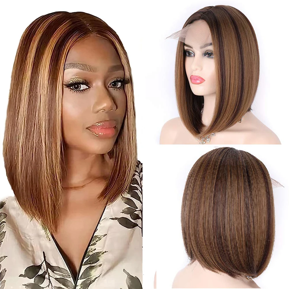 High Quality Synthetic Wigs With Frontal 12inch Brown Mixed Blonde Color Short Straight Bob Wig For Black Women