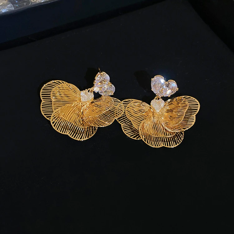 South Korea new design multi-layer hollow petal pendant earrings ladies wholesale flower heart zircon earrings women
